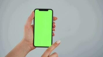 hembra manos utilizando un teléfono inteligente con un verde pantalla en un gris antecedentes de cerca. croma llave video