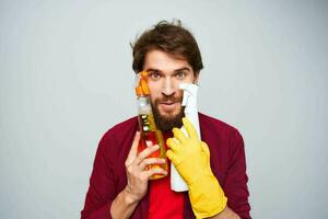 emotional man cleaning service lifestyle detergent cropped view photo