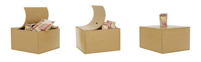 Afghan Afghani notes inside an open wooden savings box. set of savings concept. Generic Piggy Bank, Penny Bank, Money Box. 3d rendering png