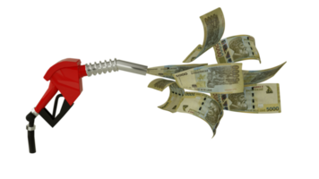 3d representación de 100 armenio dracma notas viniendo fuera desde combustible bomba. rojo combustible boquilla con armenio dracma volador alrededor png