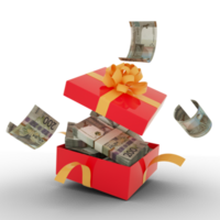 200 Aruban florin notes inside an open red gift box. Aruban florin inside and flying around a gift box. 3d rendering of money inside box isolated on transparent background png