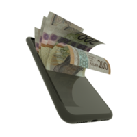 3D rendering of 100 Aruban Florin notes inside a mobile phone isolated on transparent background png