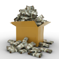 3d rendering of cardboard box full of 200 Aruban florin notes isolated on a transparent background png