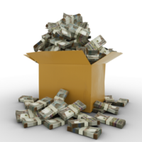 3d rendering of cardboard box full of 200 Aruban florin notes isolated on a transparent background png