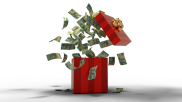 3D rendering of A lot of100 Australian dollar notes coming out of an opened red gift box. Money flying out of box png