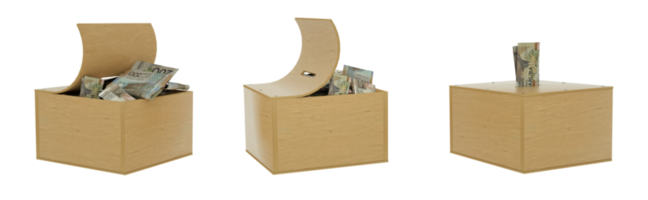 bahameño dólar notas dentro un abierto de madera ahorros caja. conjunto de ahorros concepto. genérico cerdito banco, centavo banco, dinero caja. 3d representación png