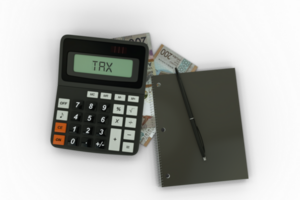 3D rendering of an isolated composition of 200 Aruban florin notes, a calculator, a note book and a pen png