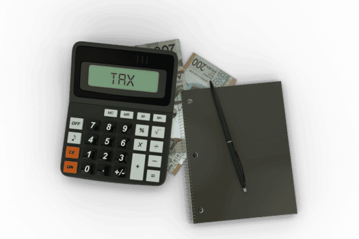 3D rendering of an isolated composition of 200 Aruban florin notes, a calculator, a note book and a pen png
