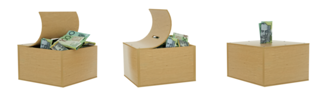 Australian dollar notes inside an open wooden savings box. set of savings concept. Generic Piggy Bank, Penny Bank, Money Box. 3d rendering png