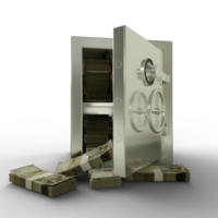 Bundles of 100 Bahamian dollar in Steel safe box. 3D rendering of stacks of money inside metallic vault isolated on transparent background, Financial protection concept, financial safety. png