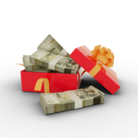 Stack of 100 Bahamian dollar notes inside an open red gift box. Bundles of Bahamian dollar inside a gift box. 3d rendering of money inside box isolated on transparent background png