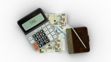 3D rendering of an isolated composition of 100 Bahamian dollar notes, a calculator, a note book and a pen png