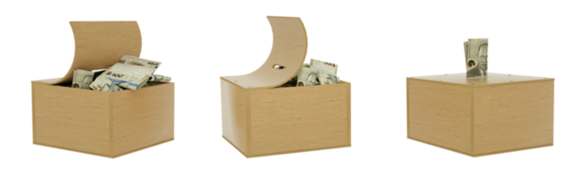 Bahamian dollar notes inside an open wooden savings box. set of savings concept. Generic Piggy Bank, Penny Bank, Money Box. 3d rendering png