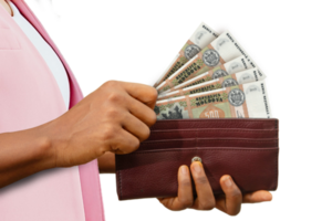 fair Female Hand Holding brown Purse With Moldovan Leu notes, hand removing money out of purse isolated on transparent background png