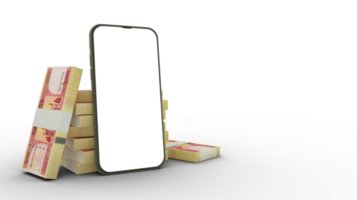 3D rendering of a mobile phone with blank screen and stacks of Afghan Afghanis notes behind isolated on transparent background. png