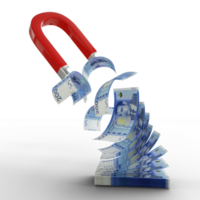 3D rendering of Horseshoe magnet attracting Moroccan Dirham notes isolated on transparent background. Attracting money concept. Strategy for a successful business png