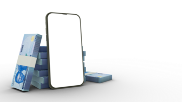 3D rendering of a mobile phone with blank screen and stacks of Nigerian Naira notes behind isolated on transparent background. png