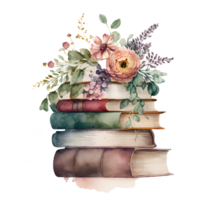 Vintage Books with Flowers Watercolor Clipart png