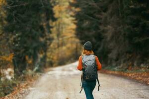 woman with a backpack in a hat and an orange sweater on the road in the autumn forest photo