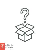 Mystery box icon. Simple outline style. Mistery, box carton with question mark, gift concept. Thin line symbol. Vector symbol illustration isolated on white background. Editable stroke EPS 10.