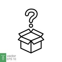 misterio caja icono. sencillo contorno estilo. aleatorio caja caja de cartón con pregunta marca, enigma, secreto, regalo concepto. Delgado línea símbolo. vector símbolo ilustración aislado en blanco antecedentes. eps 10