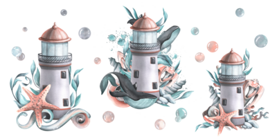 A marine lighthouse with whales, algae and shells. Watercolor illustration. Compositions from the collection of WHALES. For the design and decoration of posters, stickers, beach and summer prints png