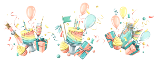 festlich Regenbogen Kuchen mit Kerzen, Flaggen, Cupcake Geschenk Kasten, Luftballons und Konfetti. Aquarell Illustration. ein Kompositionen von das glücklich Geburtstag Sammlung. zum das Design von Schöne Grüße png