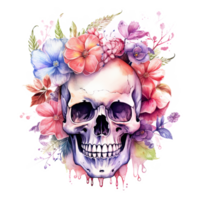 acuarela cráneo con flores ilustración ai generativo png