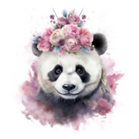 Aquarell Panda mit Blume Krone. Illustration ai generativ png