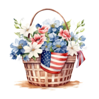 USA flag and flowers in basket. watercolor. Illustration png