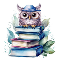 Watercolor books wuth owl. Illustration png