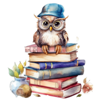 Watercolor books wuth owl. Illustration png