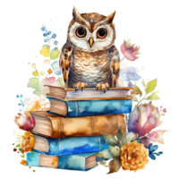 Watercolor books wuth owl. Illustration png