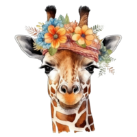 fofa girafa dentro chapéu com flor. aquarela. ilustração ai generativo png