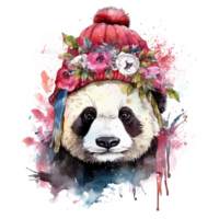 Watercolor panda in hat with flowers. Illustration png