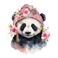 vattenfärg panda i hatt med blommor. illustration ai generativ png