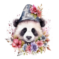 Watercolor panda in hat with flowers. Illustration png