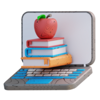 3d ilustración de ordenador portátil y pila de manzana libros png