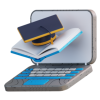 3d ilustração computador portátil graduação boné e livros png