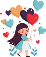 Cute Young Girl Holding Heart Balloons And Leaves. png