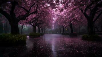 Purple cherry trees sprout after rain at night. video