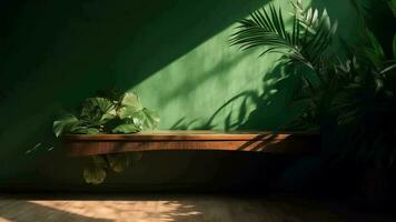 Cleanse wooden table counter with tropical palm tree in dappled sunshine. video