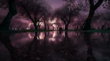 Purple cherry trees bloom after rain at night. video