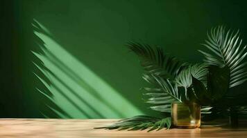 Cleanse wooden table counter with tropical palm tree in dappled daylight. video