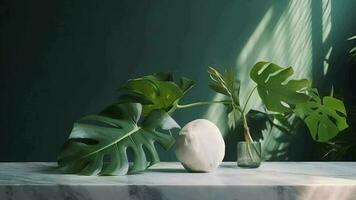 Unessential, advanced white marble stone counter table, tropical monstera plant tree in daylight on green divider foundation for extravagance advanced characteristic obliging. video