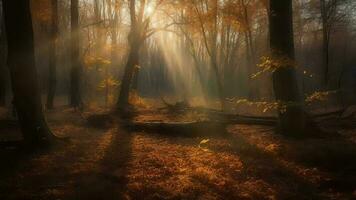 Bewildering scene of an accumulate time woodland with sunrays entering through the branches. video