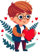 Young Boy Holding Red Heart In Standing Pose, Leaves And Little Hearts png