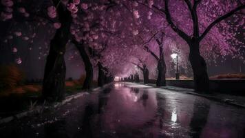 violet Cerise des arbres faire après pluie à nuit. video