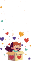 Excited Funny Girl With Heart Balloons Coming Out From Inside Surprise Box And Copy Space. Standee Banner Or Template. png