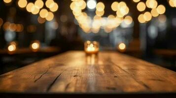 Cleanse wooden table best with lights bokeh on cloud restaurant establishment. video